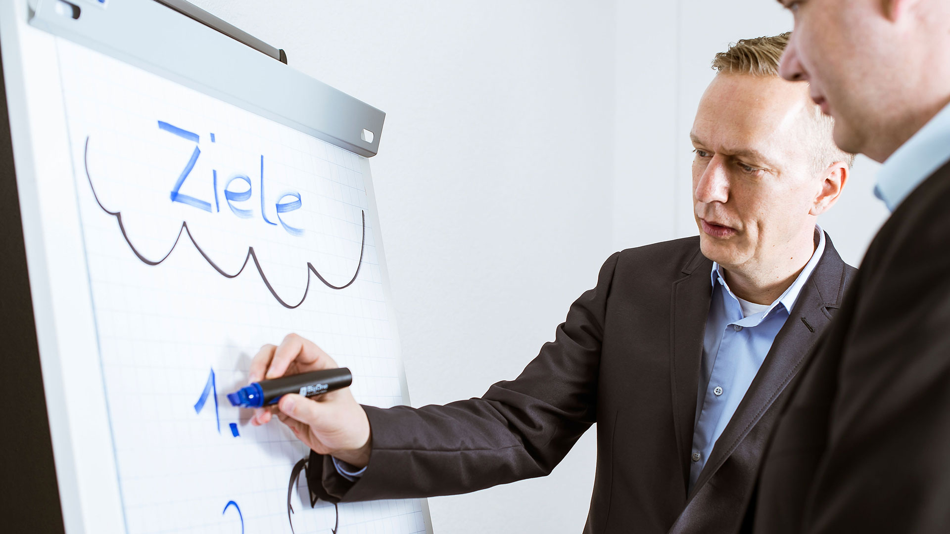 Coach erklärt am Flipchart das Thema Ziele