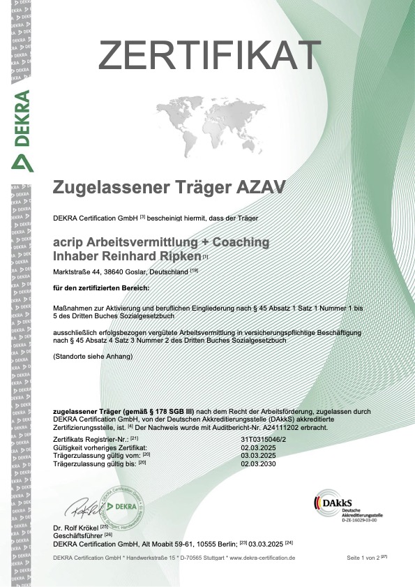 Urkunde der DEKRA: Zugelassener Träger AZAV